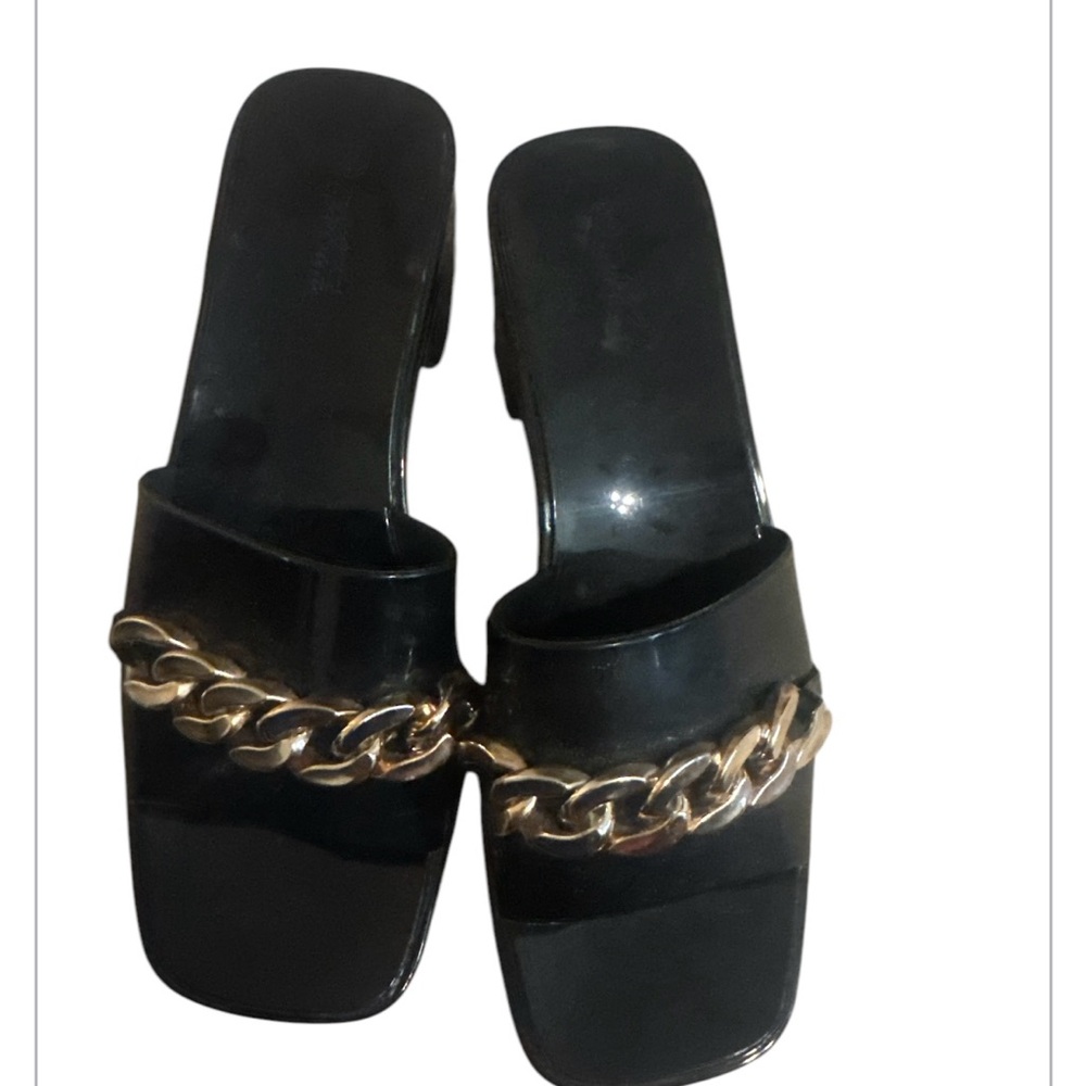 Glossy Black Block Heel Sandals
